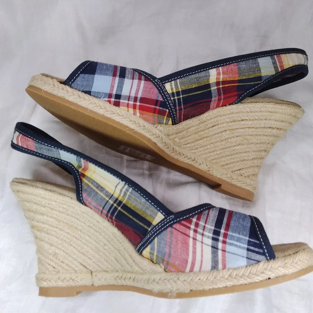 Sahara Buckley Plaid SANDALS Red White Blue Womens Size 10M Slingback Wedge Heel